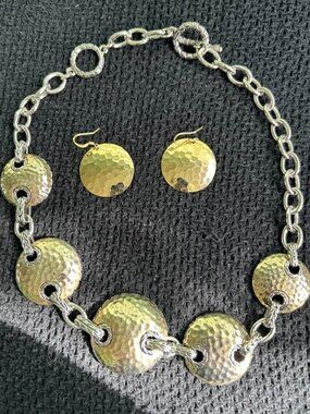 Hammered metal Two-Tone Necklace and Earring Set